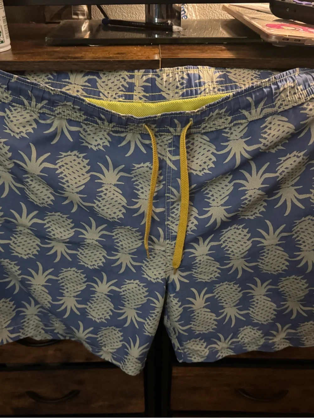 Men's Blue Pineapple Print Swim Trunks with Yellow Drawstring Size Large